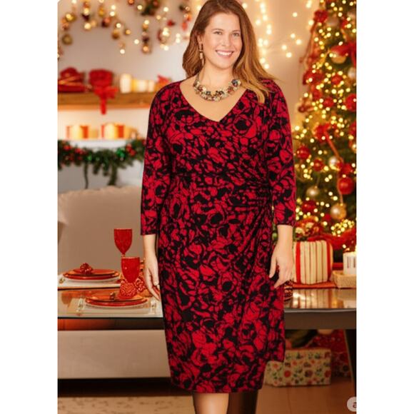 NWT Chaps Red and Black Floral B-Neck Long Sleeve Ruch Waist Knee Length 20W - Picture 1 of 10